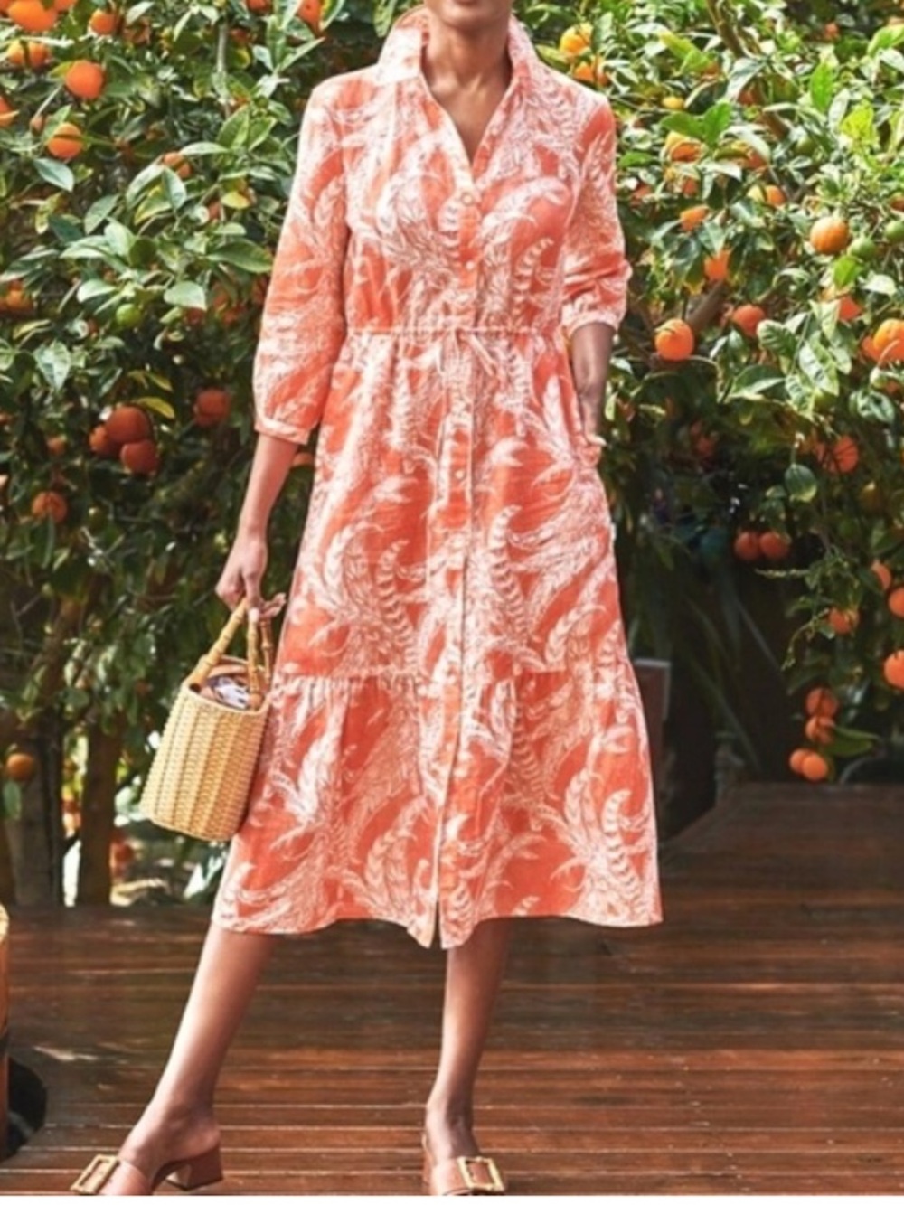 J. Mclaughlin Fern Flower Foley Linen-Blend Dress, orange/pink print Size XS